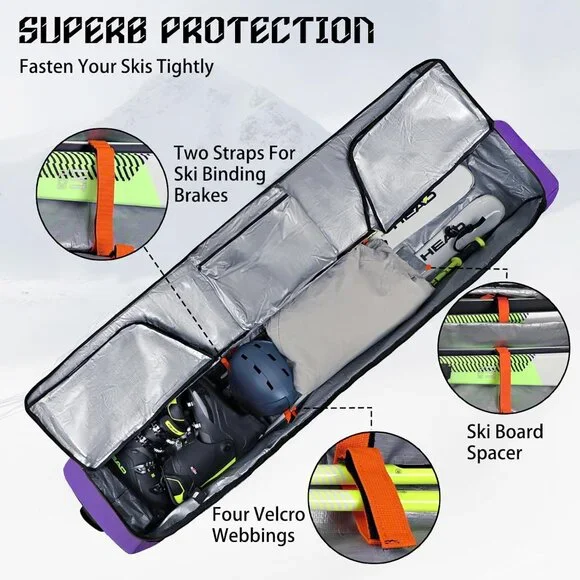 Ski Bag with Wheels - Fits 2 Pairs Skis (190cm)